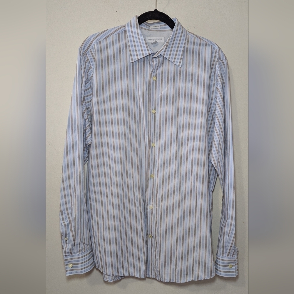 Banana Republic Slim Fit Dress Shirt Blue Brown 100% Cotton Striped Men's Size L